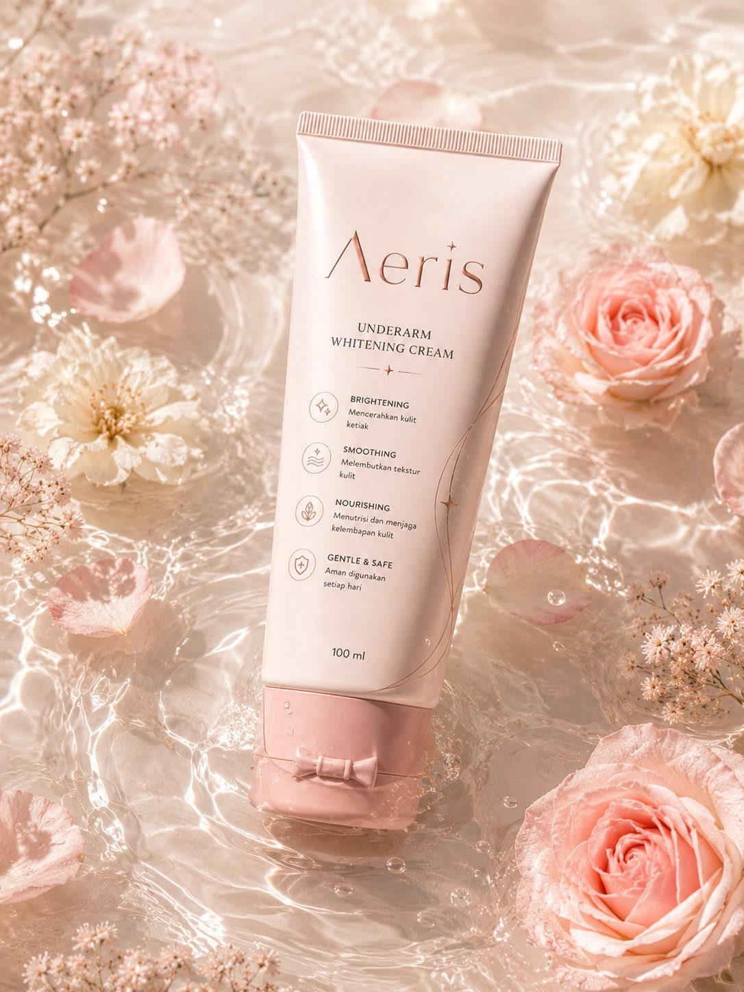 AERIS Underarm Cream standing in shallow water with flowers