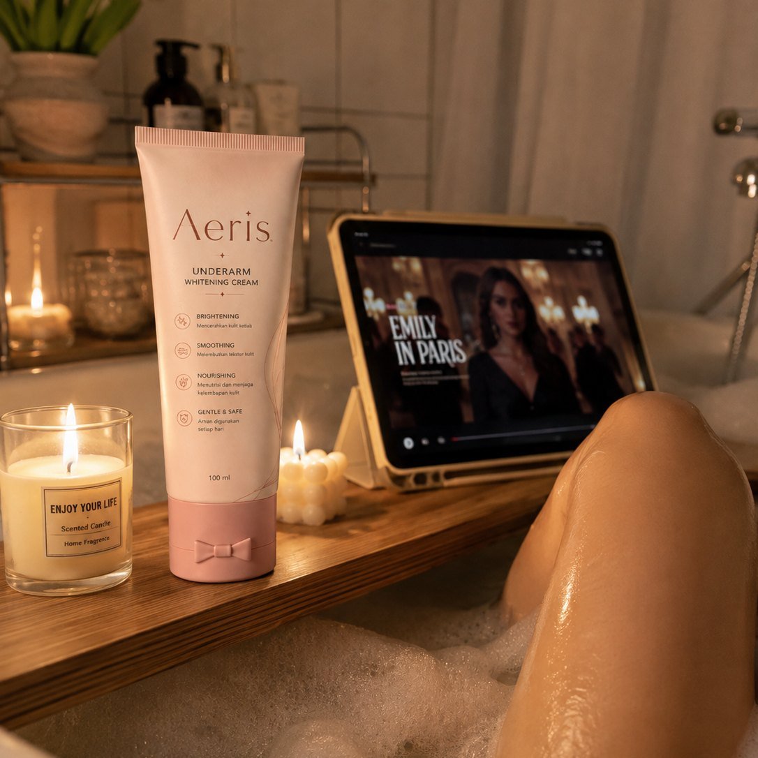 AERIS Underarm Cream beside a candlelit bath