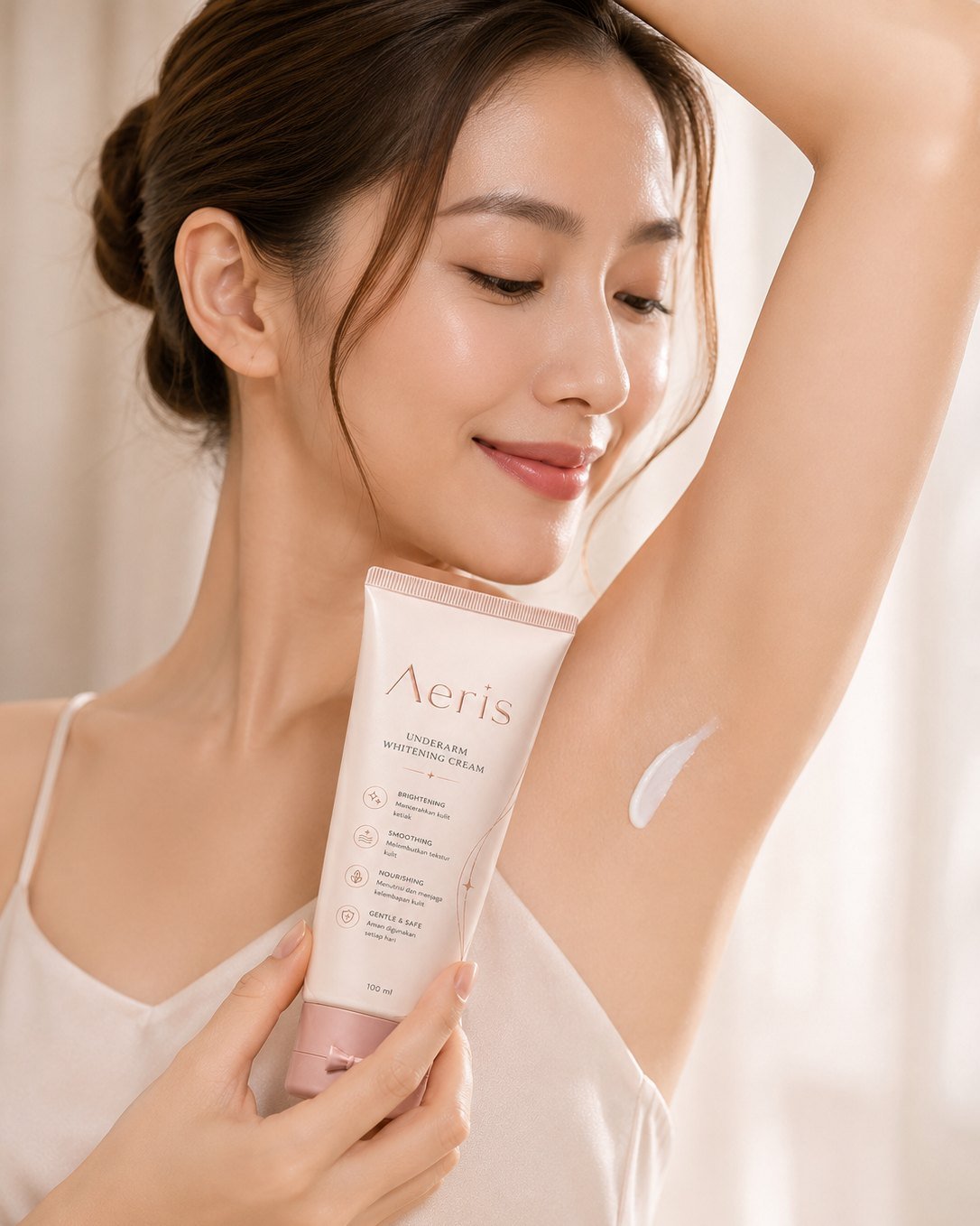 A woman applying AERIS Underarm Cream to her underarm